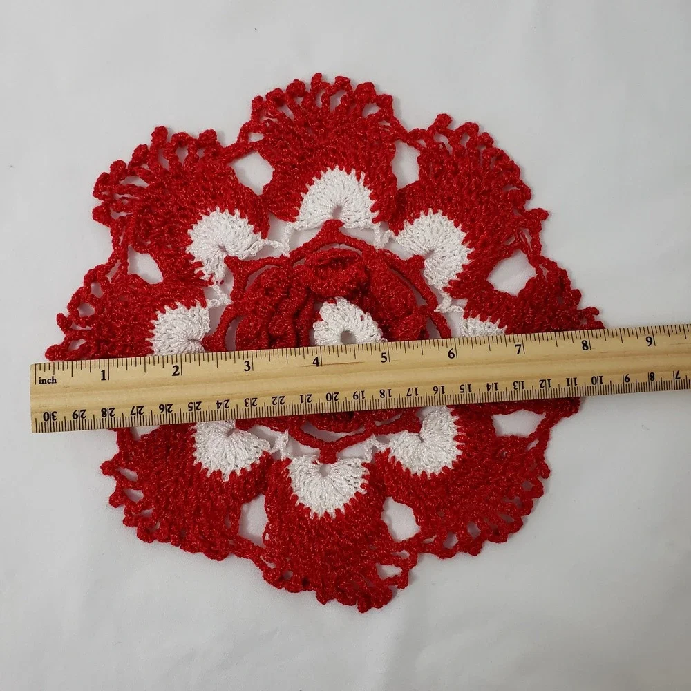 Vintage Crochet Doilies Red White Green 7 Inches Set Of 5